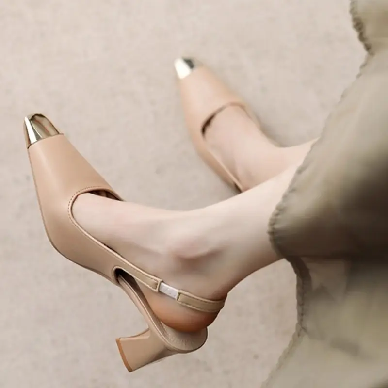 Temperament Block Heel Sandals Summer New Metal Square Toe Shallow Mouth One Belt Non-slip Wear-resistant High Heels