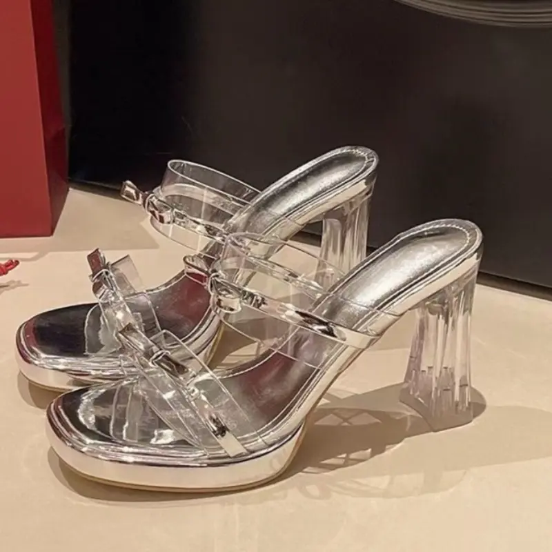 Bow High Heel Slippers Women Summer Round Toe Open Toe Crystal Block Heel Anti-Slip Wear-Resistant Flat Slippers