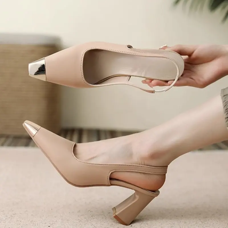 Temperament Block Heel Sandals Summer New Metal Square Toe Shallow Mouth One Belt Non-slip Wear-resistant High Heels