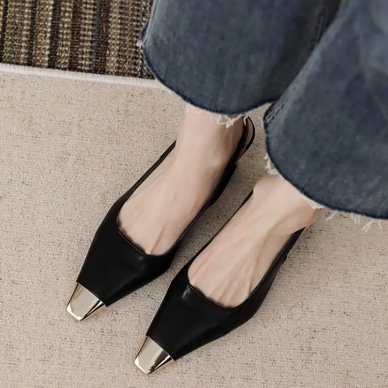 Temperament Block Heel Sandals Summer New Metal Square Toe Shallow Mouth One Belt Non-slip Wear-resistant High Heels