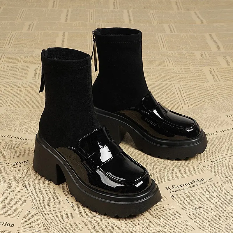 Women's Thick Heel Cotton Boots Winter New Round Head Splicing Elastic Cloth Back Zipper Thick Sole Non-slip Short Boots