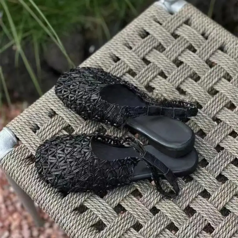 Summer New Niche Design Woven Breathable Rear Trip Strap Sandals Hollowed Out Fashion Soft Sole Wrapped Head Shoes Women