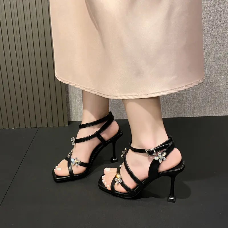 Rhinestone Flower One Strap High Heels Summer New Square Toe Open Toe Thin Strap Non-slip Wear-resistant Stiletto Sandals