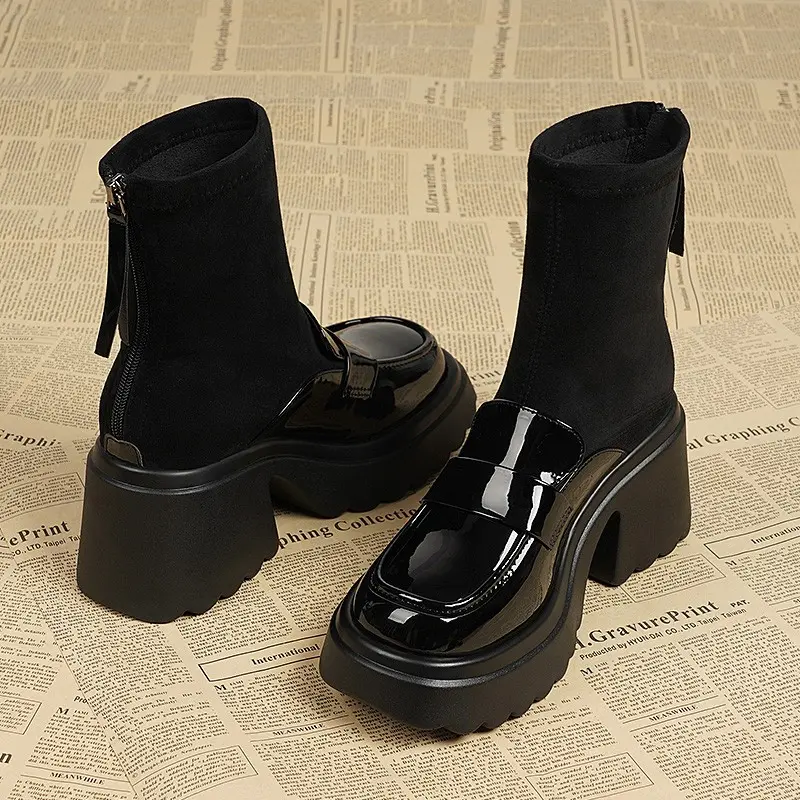 Women's Thick Heel Cotton Boots Winter New Round Head Splicing Elastic Cloth Back Zipper Thick Sole Non-slip Short Boots