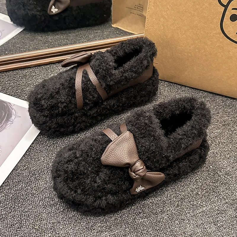 Women's Thick Flat Shoes Winter New Round Head Deep Mouth Suede Butterfly Knot Anti-slip Wear-resistant Cotton Shoes