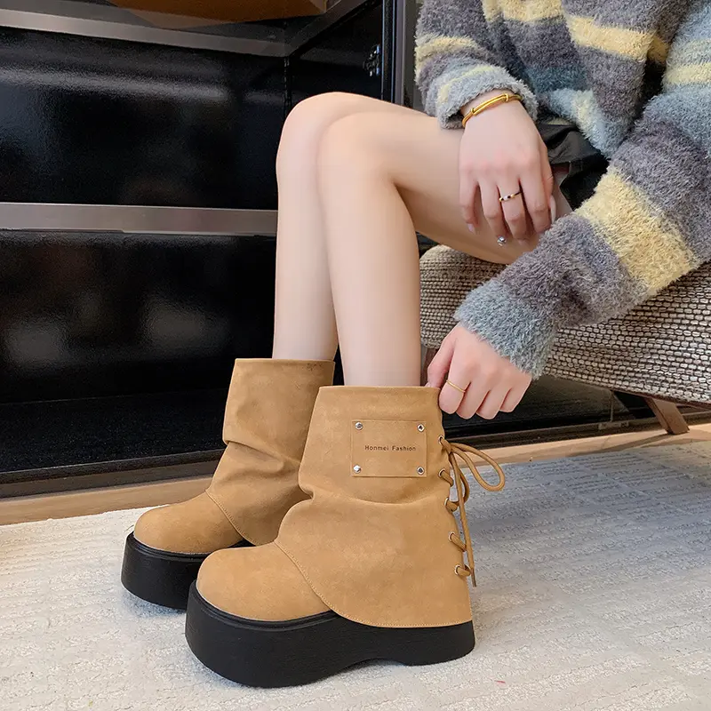 Autumn New Cow Suede Round Toe Sleeve Lace-Up Rear Platform Anti-Slip Wear-Resistant Short Shoes