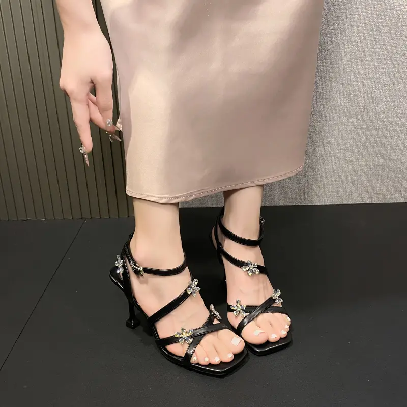 Rhinestone Flower One Strap High Heels Summer New Square Toe Open Toe Thin Strap Non-slip Wear-resistant Stiletto Sandals