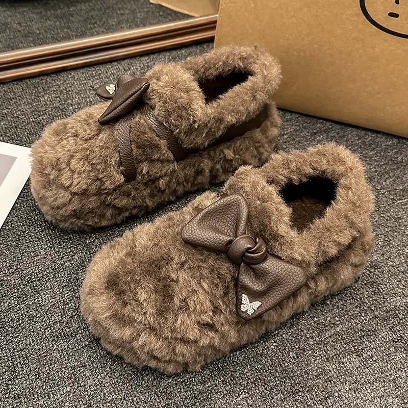 Women's Thick Flat Shoes Winter New Round Head Deep Mouth Suede Butterfly Knot Anti-slip Wear-resistant Cotton Shoes