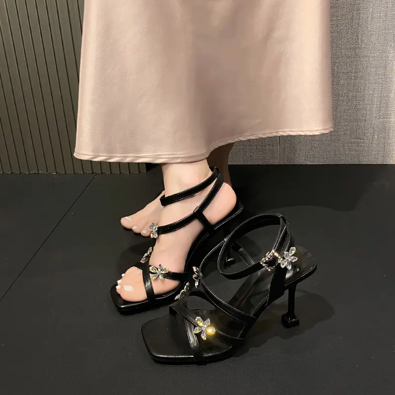 Rhinestone Flower One Strap High Heels Summer New Square Toe Open Toe Thin Strap Non-slip Wear-resistant Stiletto Sandals