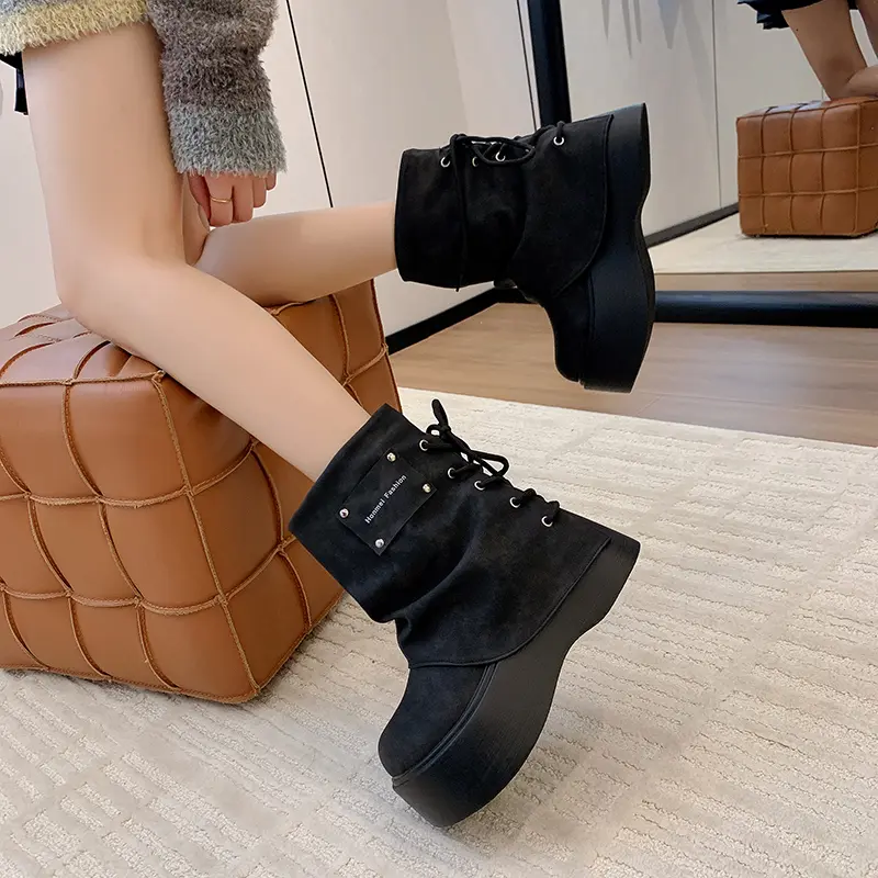 Autumn New Cow Suede Round Toe Sleeve Lace-Up Rear Platform Anti-Slip Wear-Resistant Short Shoes