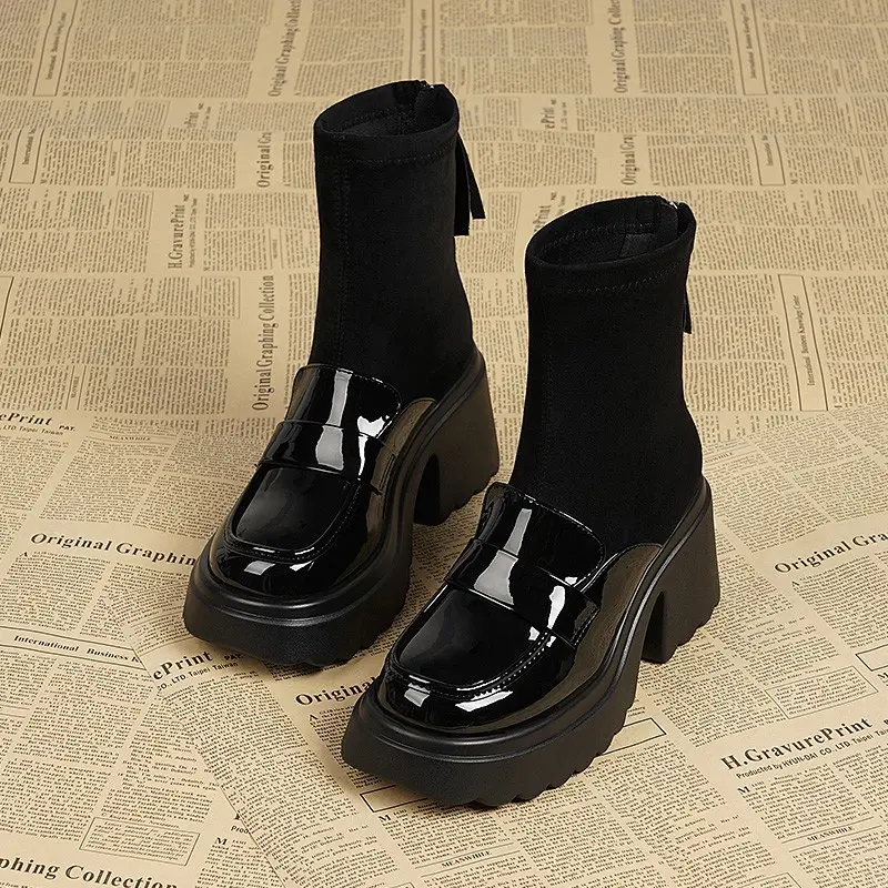 Women's Thick Heel Cotton Boots Winter New Round Head Splicing Elastic Cloth Back Zipper Thick Sole Non-slip Short Boots