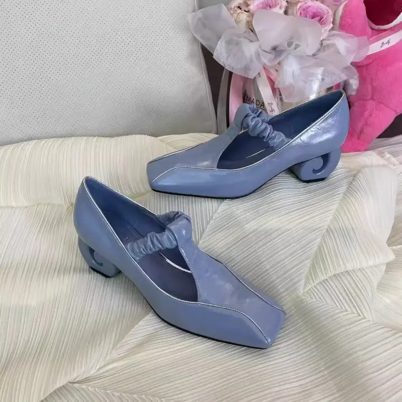 Fashion Low Top Single Shoes Summer New Square Head Deep Mouth Splicing Set Foot Anti-slip Wear-resistant Heel Shoes