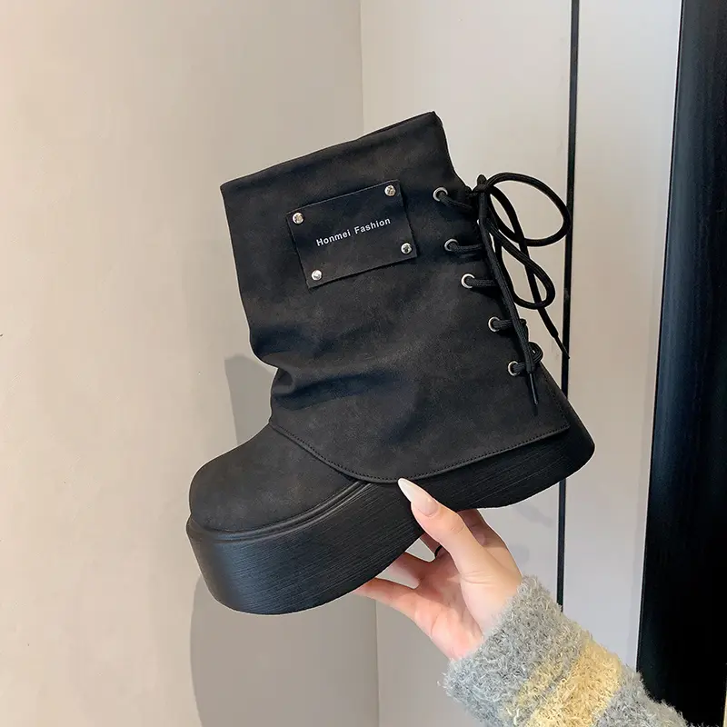 Autumn New Cow Suede Round Toe Sleeve Lace-Up Rear Platform Anti-Slip Wear-Resistant Short Shoes
