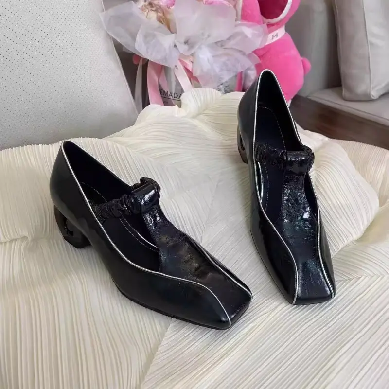 Fashion Low Top Single Shoes Summer New Square Head Deep Mouth Splicing Set Foot Anti-slip Wear-resistant Heel Shoes