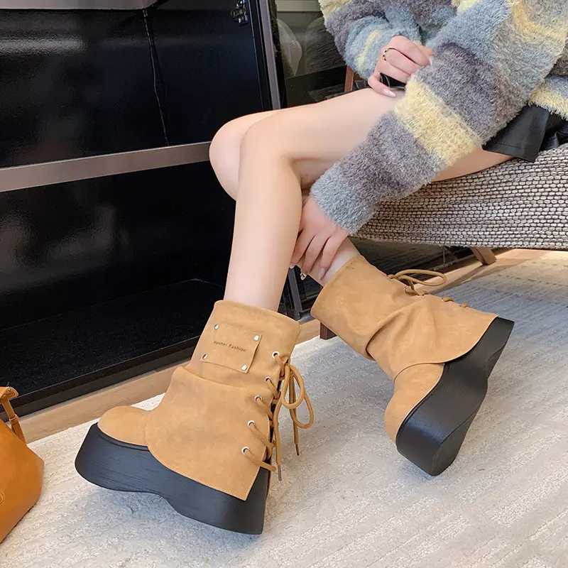 Autumn New Cow Suede Round Toe Sleeve Lace-Up Rear Platform Anti-Slip Wear-Resistant Short Shoes