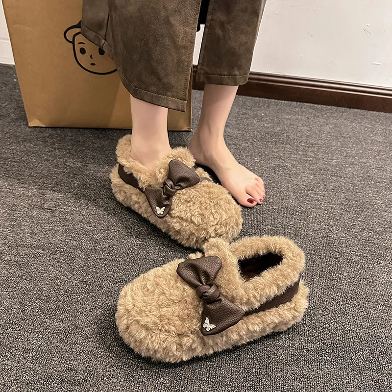 Women's Thick Flat Shoes Winter New Round Head Deep Mouth Suede Butterfly Knot Anti-slip Wear-resistant Cotton Shoes