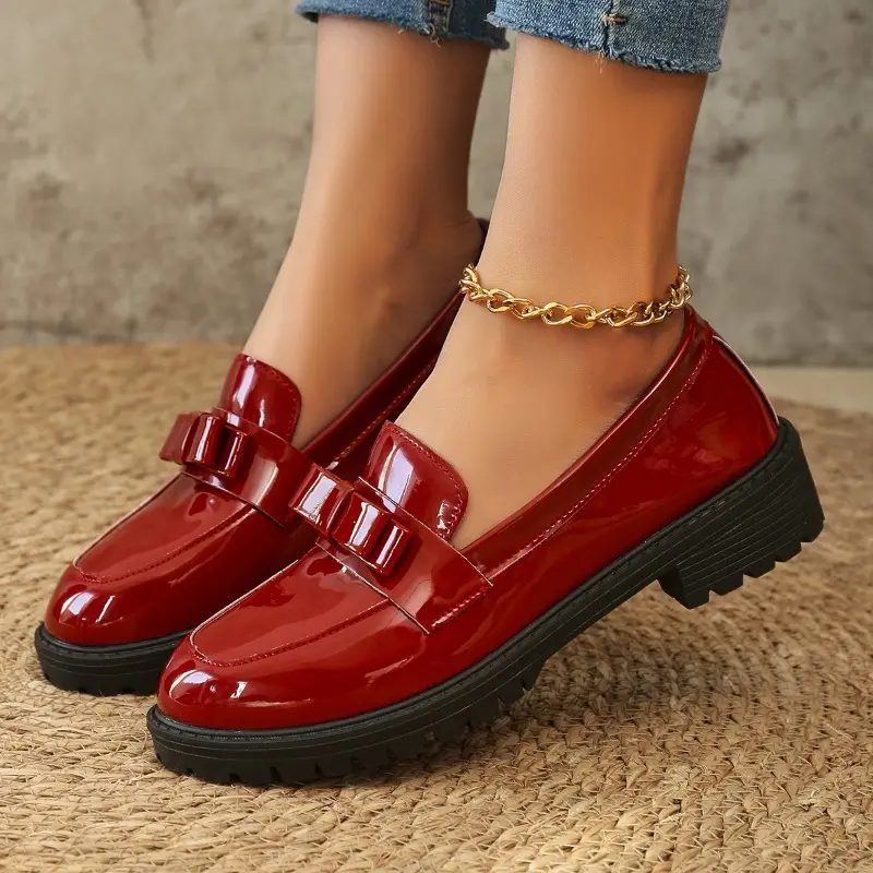 Women's Fashion Thick Heel Shoes Autumn New Round Head Deep Mouth Butterfly Knot Soft Sole Non-slip Loafers