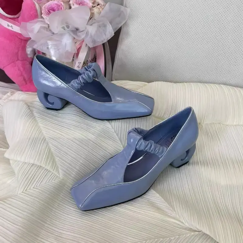 Fashion Low Top Single Shoes Summer New Square Head Deep Mouth Splicing Set Foot Anti-slip Wear-resistant Heel Shoes