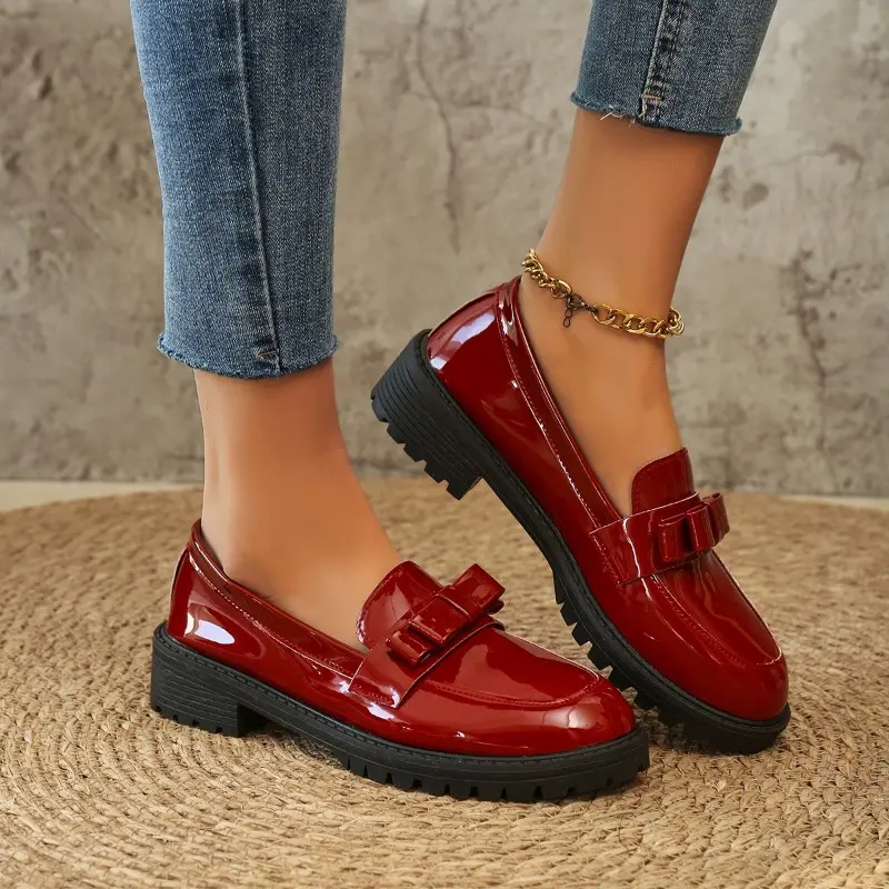Women's Fashion Thick Heel Shoes Autumn New Round Head Deep Mouth Butterfly Knot Soft Sole Non-slip Loafers