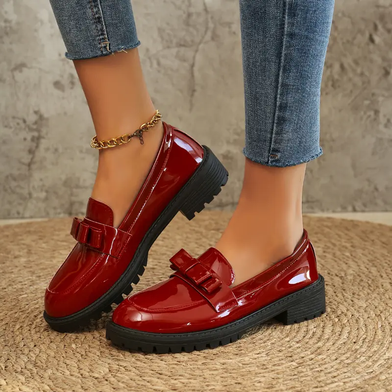 Women's Fashion Thick Heel Shoes Autumn New Round Head Deep Mouth Butterfly Knot Soft Sole Non-slip Loafers