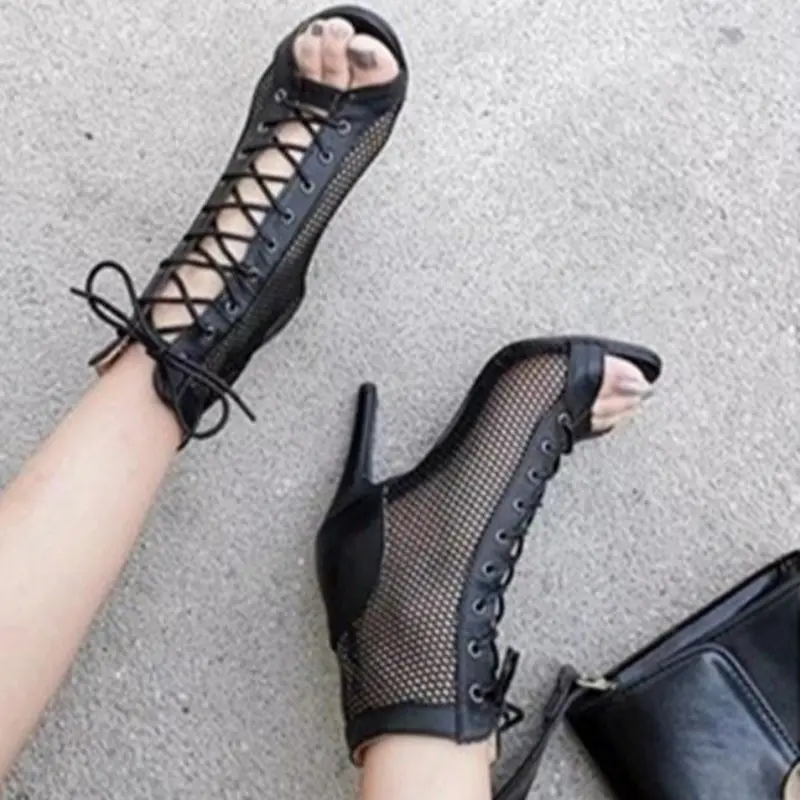 Fish Mouth Sandals Summer New Round Head Mesh Cloth Breathable Before Lacing Non-slip Wear-resistant High Heels