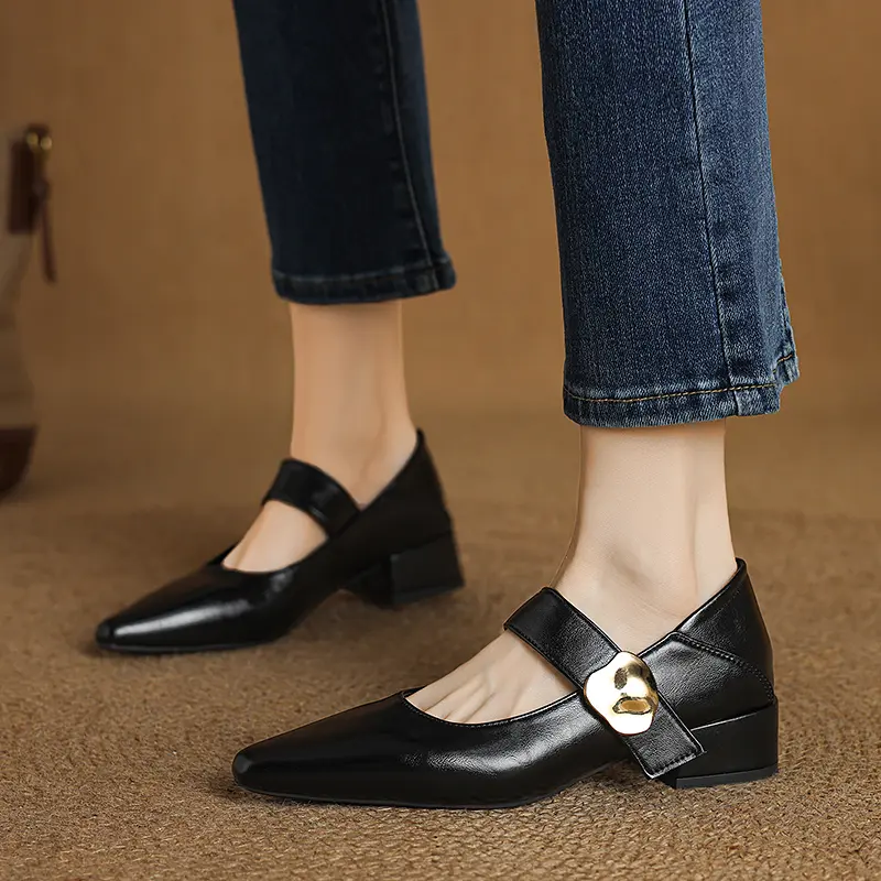 Women's Thick Heel Shoes Autumn New Pointed Head Shallow Mouth Metal Buckle Soft Sole Non-slip Low Top Shoes