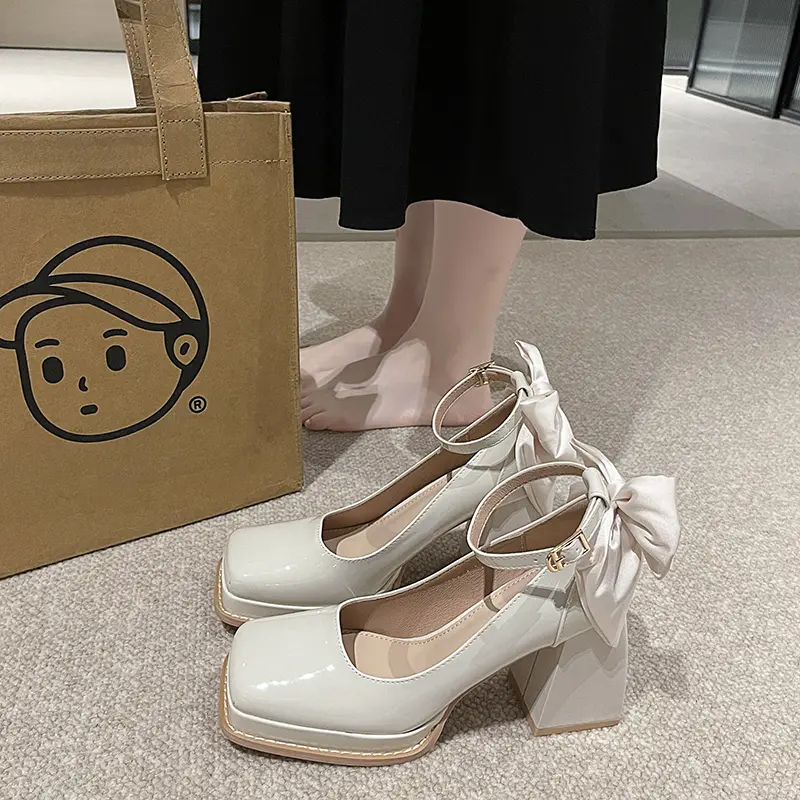 Women's Fashion Thick Heel Shoes Fall New Square Head Shallow Mouth After Butterfly Knot Thick Sole Non-slip High Heels