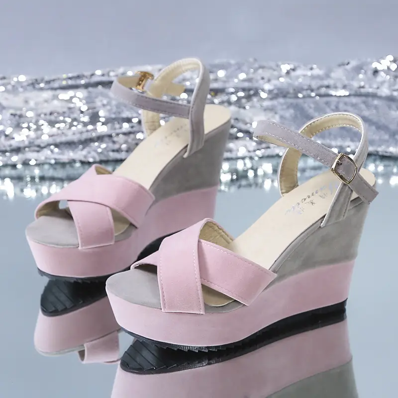 Women's fashion wedge sandals summer new round head matching color suede cross strap platform non-slip high heels