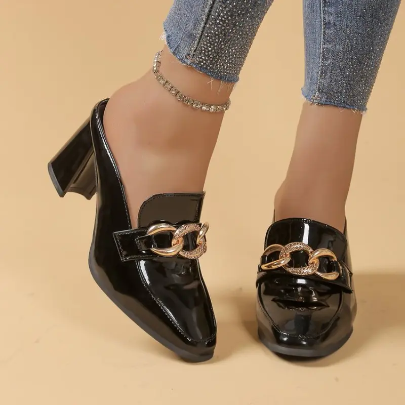 Metal Chain Block Heel Slippers Women's Fashion Pointed Toe Deep Mouth Anti-Slip Wear-Resistant High Heels