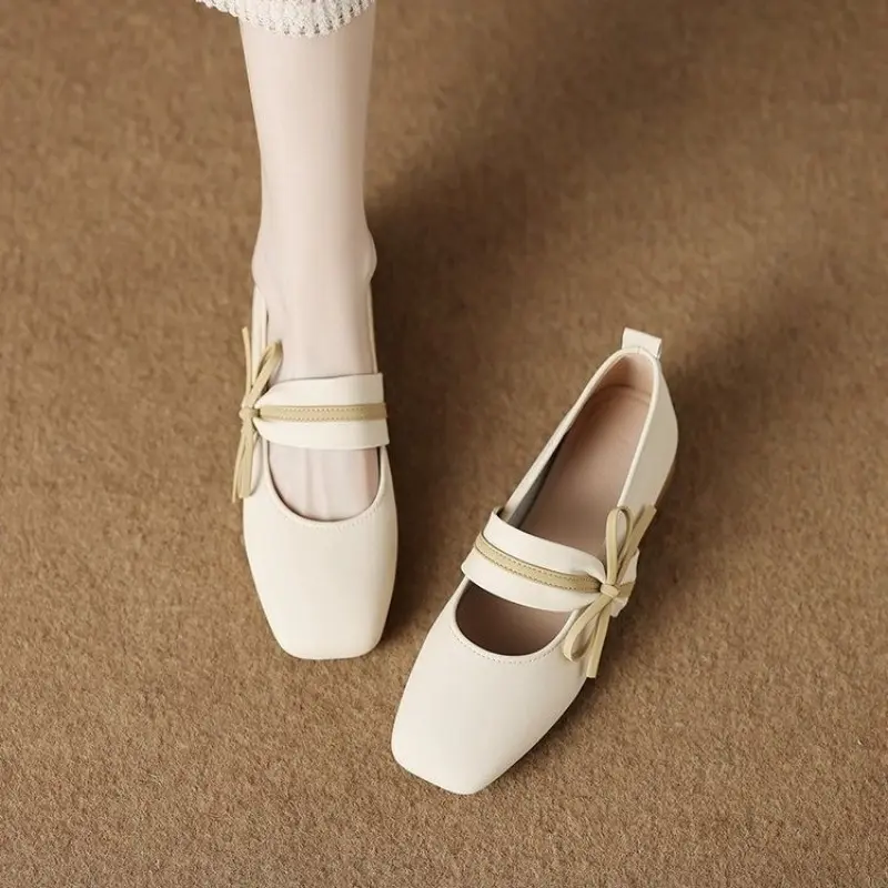 Spring New Single Shoes Women's Square Head Shallow Mouth Butterfly Knot Soft Sole Anti-slip Wear-resistant Low-top Shoes