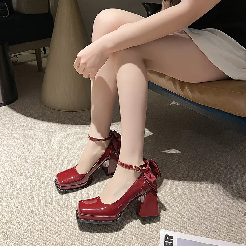 Women's Fashion Thick Heel Shoes Fall New Square Head Shallow Mouth After Butterfly Knot Thick Sole Non-slip High Heels