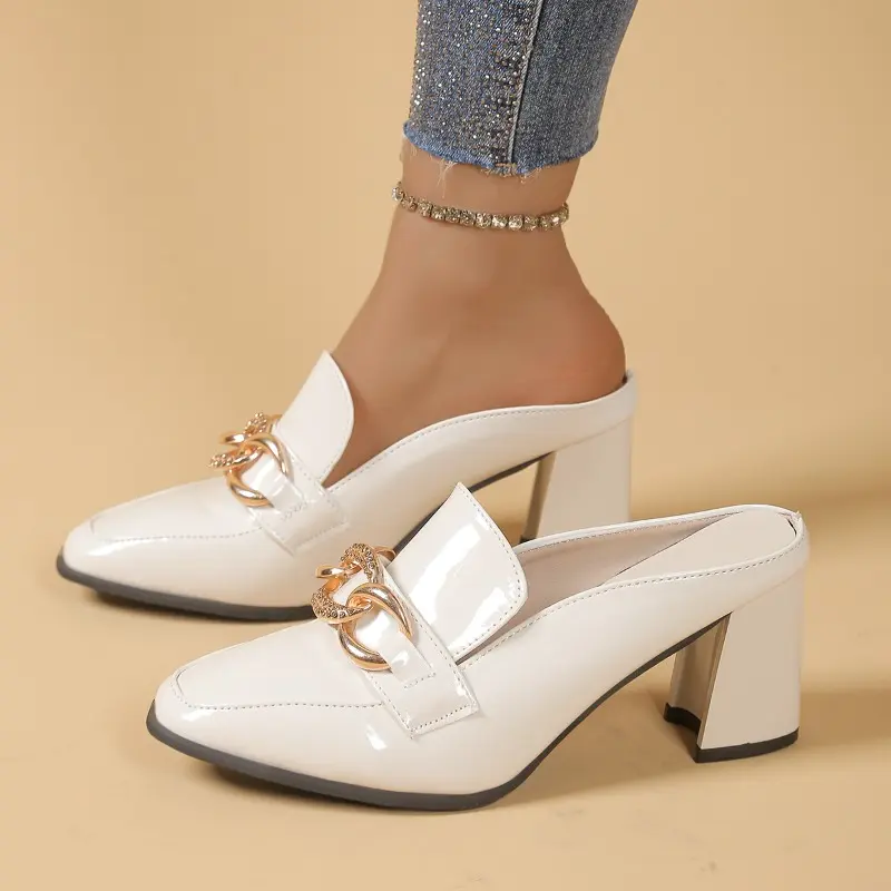 Metal Chain Block Heel Slippers Women's Fashion Pointed Toe Deep Mouth Anti-Slip Wear-Resistant High Heels