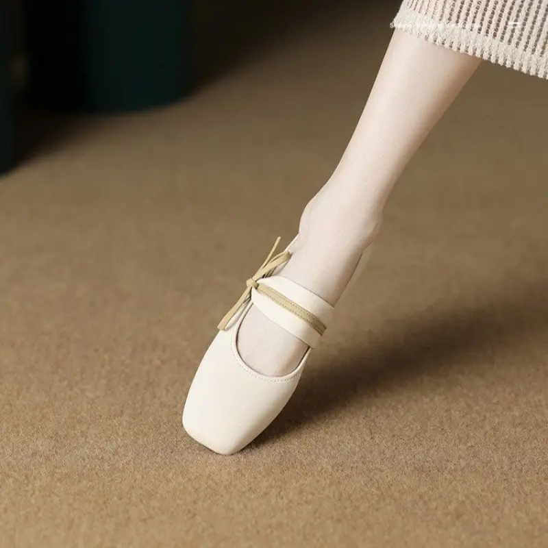 Spring New Single Shoes Women's Square Head Shallow Mouth Butterfly Knot Soft Sole Anti-slip Wear-resistant Low-top Shoes