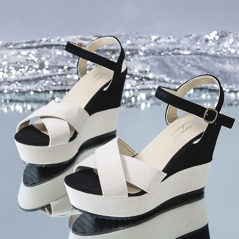 Women's fashion wedge sandals summer new round head matching color suede cross strap platform non-slip high heels