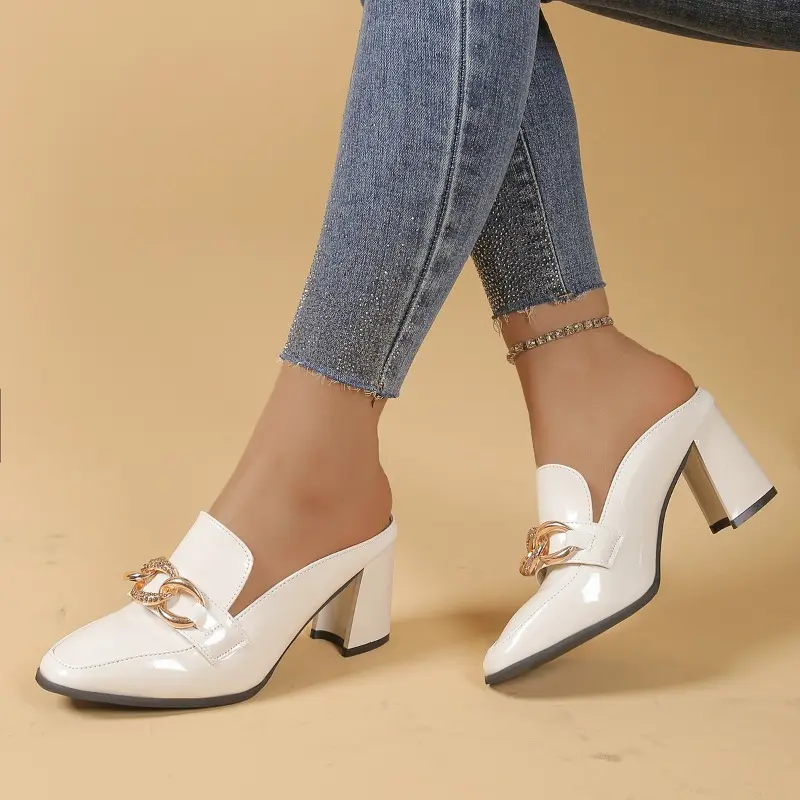 Metal Chain Block Heel Slippers Women's Fashion Pointed Toe Deep Mouth Anti-Slip Wear-Resistant High Heels