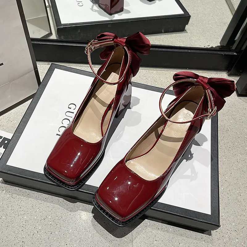 Women's Fashion Thick Heel Shoes Fall New Square Head Shallow Mouth After Butterfly Knot Thick Sole Non-slip High Heels
