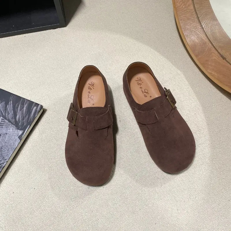 Spring New Inner Increase Single Shoes Women's Fashion Round Head Suede Metal Buckle Non-slip Wear-resistant Flat Shoes