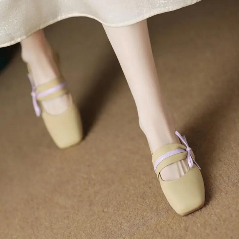 Spring New Single Shoes Women's Square Head Shallow Mouth Butterfly Knot Soft Sole Anti-slip Wear-resistant Low-top Shoes