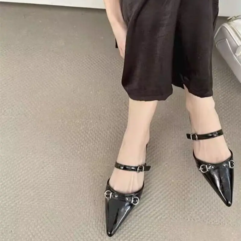 Baotou Slippers Summer Pointed Toe Shallow Mouth Metal Buckle One Strap Anti-slip Wear-resistant Kitten Heel Sandals