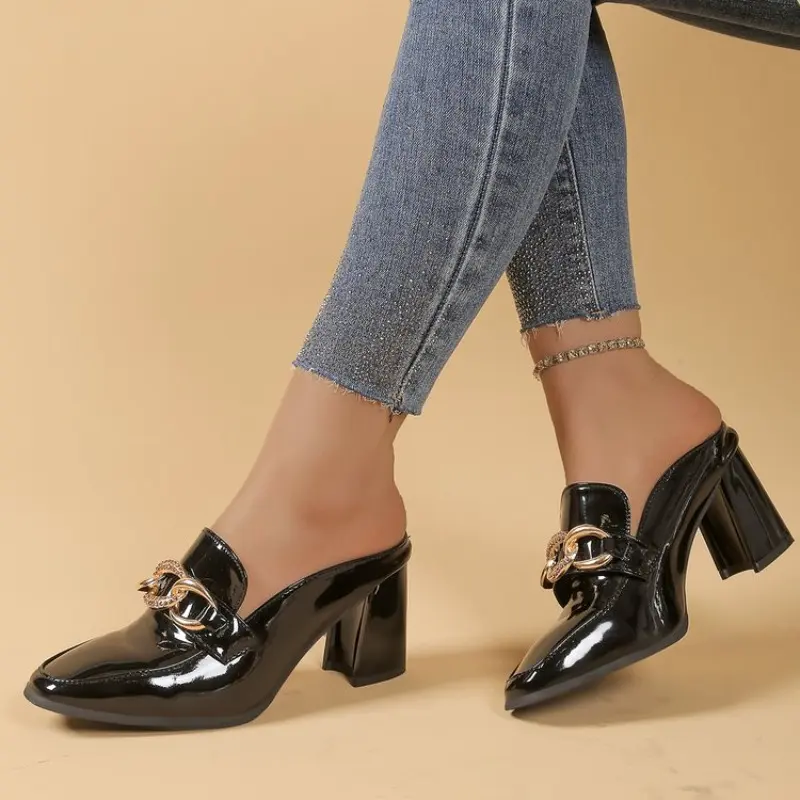 Metal Chain Block Heel Slippers Women's Fashion Pointed Toe Deep Mouth Anti-Slip Wear-Resistant High Heels