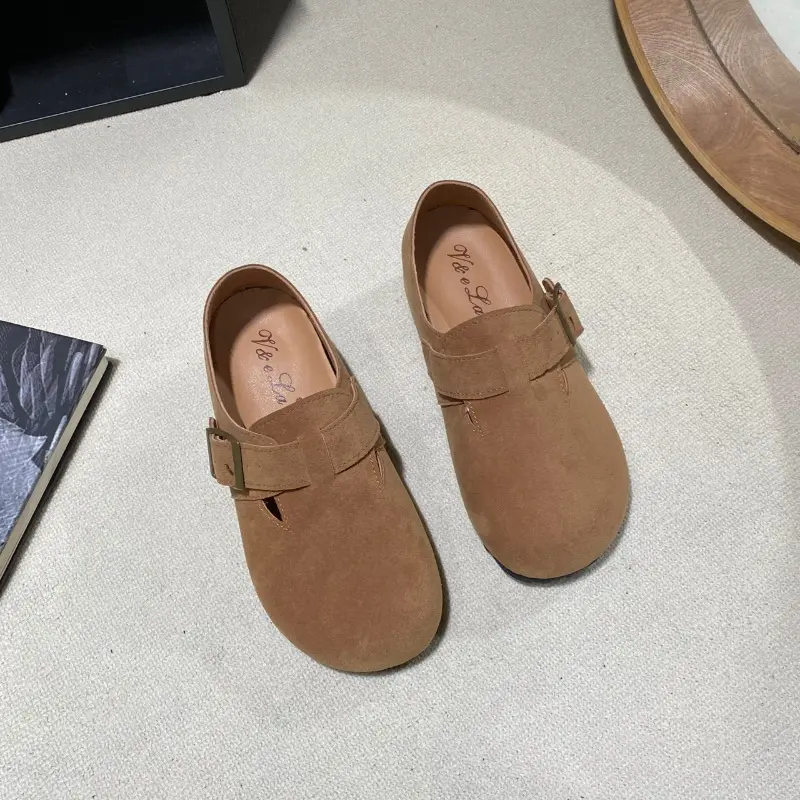 Spring New Inner Increase Single Shoes Women's Fashion Round Head Suede Metal Buckle Non-slip Wear-resistant Flat Shoes