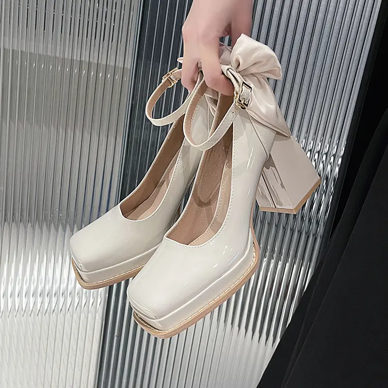 Women's Fashion Thick Heel Shoes Fall New Square Head Shallow Mouth After Butterfly Knot Thick Sole Non-slip High Heels