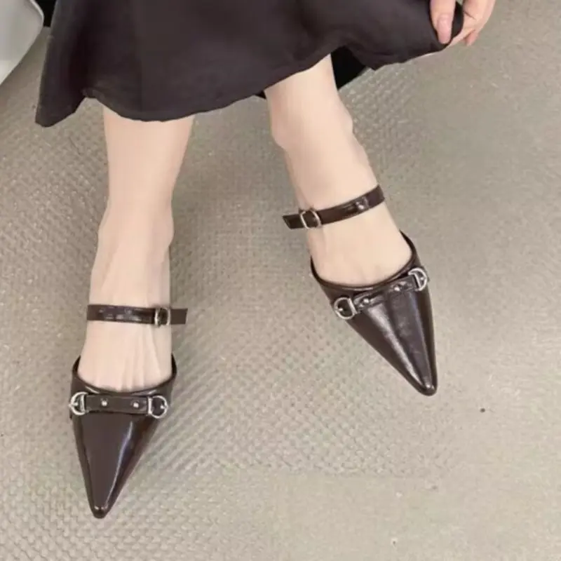 Baotou Slippers Summer Pointed Toe Shallow Mouth Metal Buckle One Strap Anti-slip Wear-resistant Kitten Heel Sandals