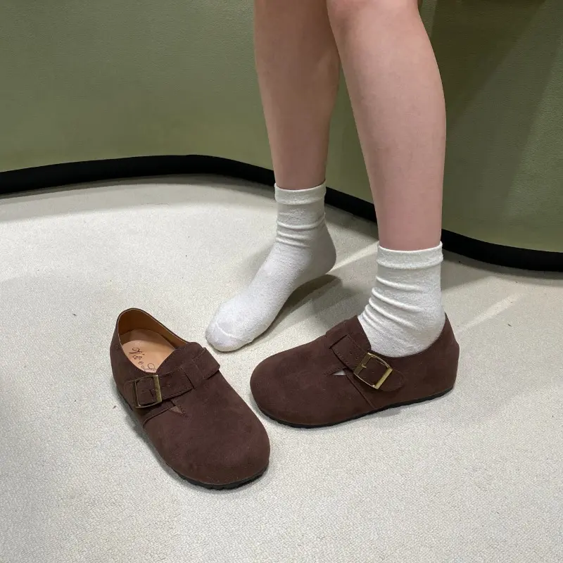 Spring New Inner Increase Single Shoes Women's Fashion Round Head Suede Metal Buckle Non-slip Wear-resistant Flat Shoes