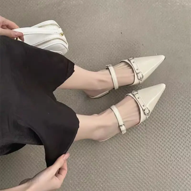 Baotou Slippers Summer Pointed Toe Shallow Mouth Metal Buckle One Strap Anti-slip Wear-resistant Kitten Heel Sandals
