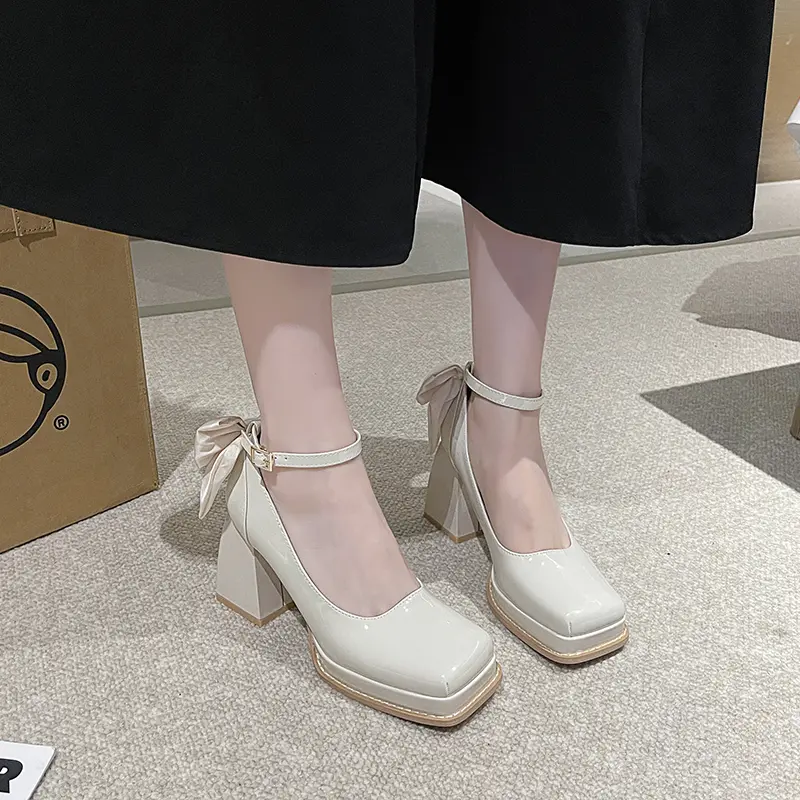 Women's Fashion Thick Heel Shoes Fall New Square Head Shallow Mouth After Butterfly Knot Thick Sole Non-slip High Heels