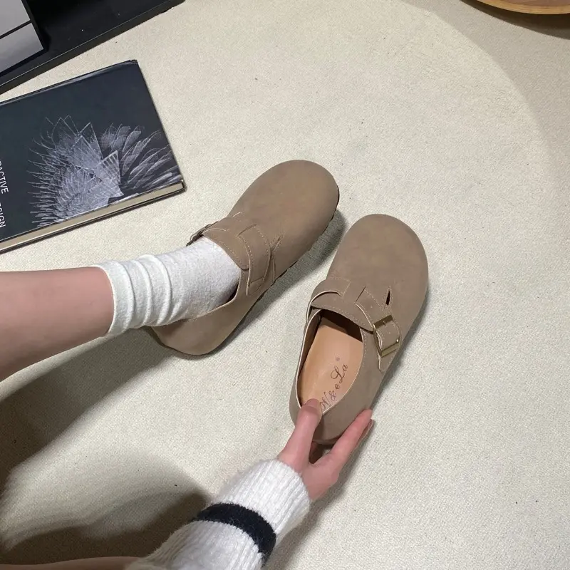 Spring New Inner Increase Single Shoes Women's Fashion Round Head Suede Metal Buckle Non-slip Wear-resistant Flat Shoes