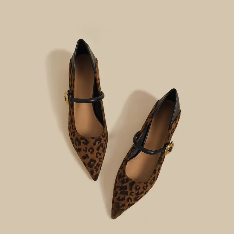 One-band Block Heel Single Shoes Autumn New Suede Leopard Print Pointed Toe Shallow Mouth Soft Sole Non-slip Kitten Heel Shoes
