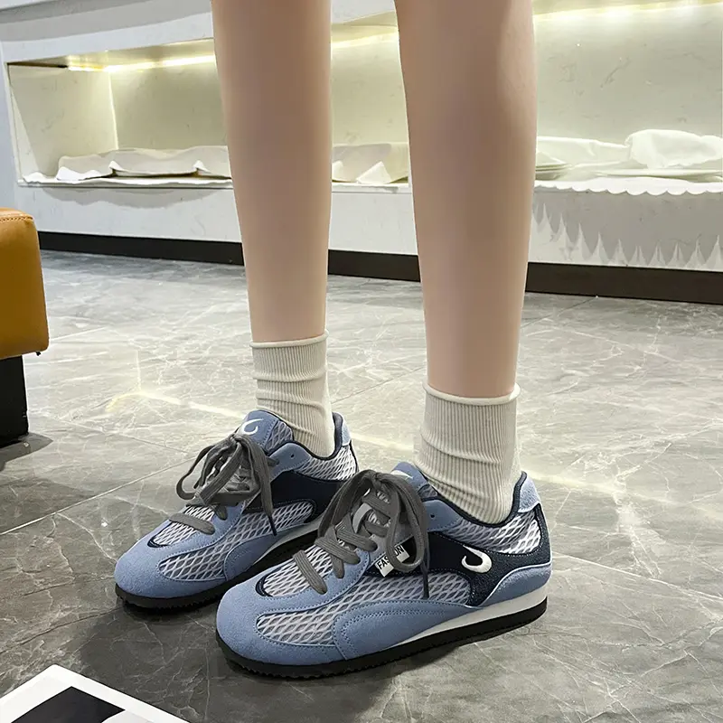 Mesh Breathable Casual Flats Women Summer New Round Toe Spliced Front Lace-Up Soft Sole Versatile Retro Fishnet Single Shoes