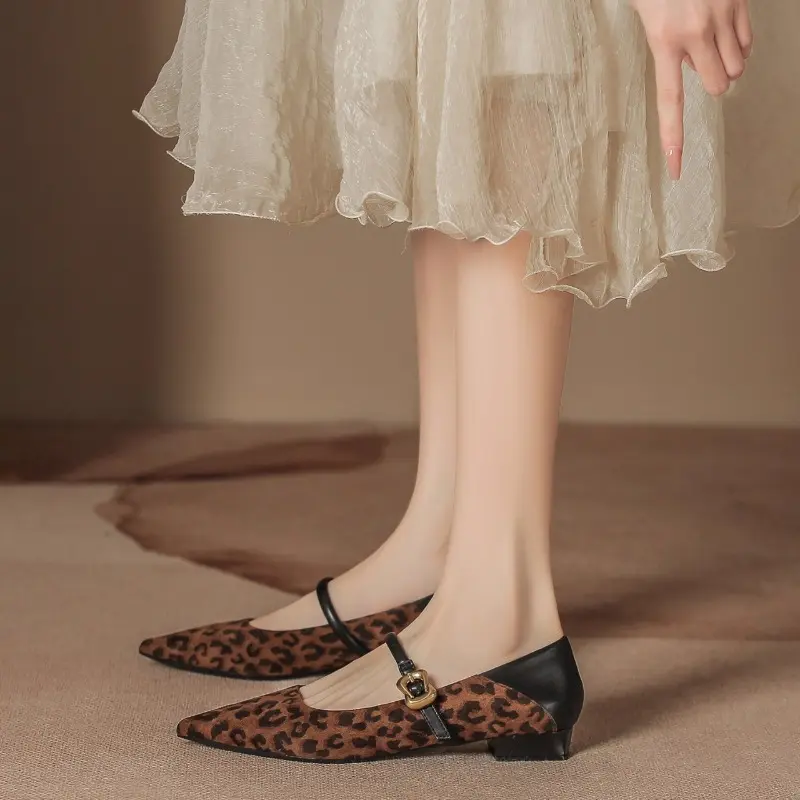 One-band Block Heel Single Shoes Autumn New Suede Leopard Print Pointed Toe Shallow Mouth Soft Sole Non-slip Kitten Heel Shoes